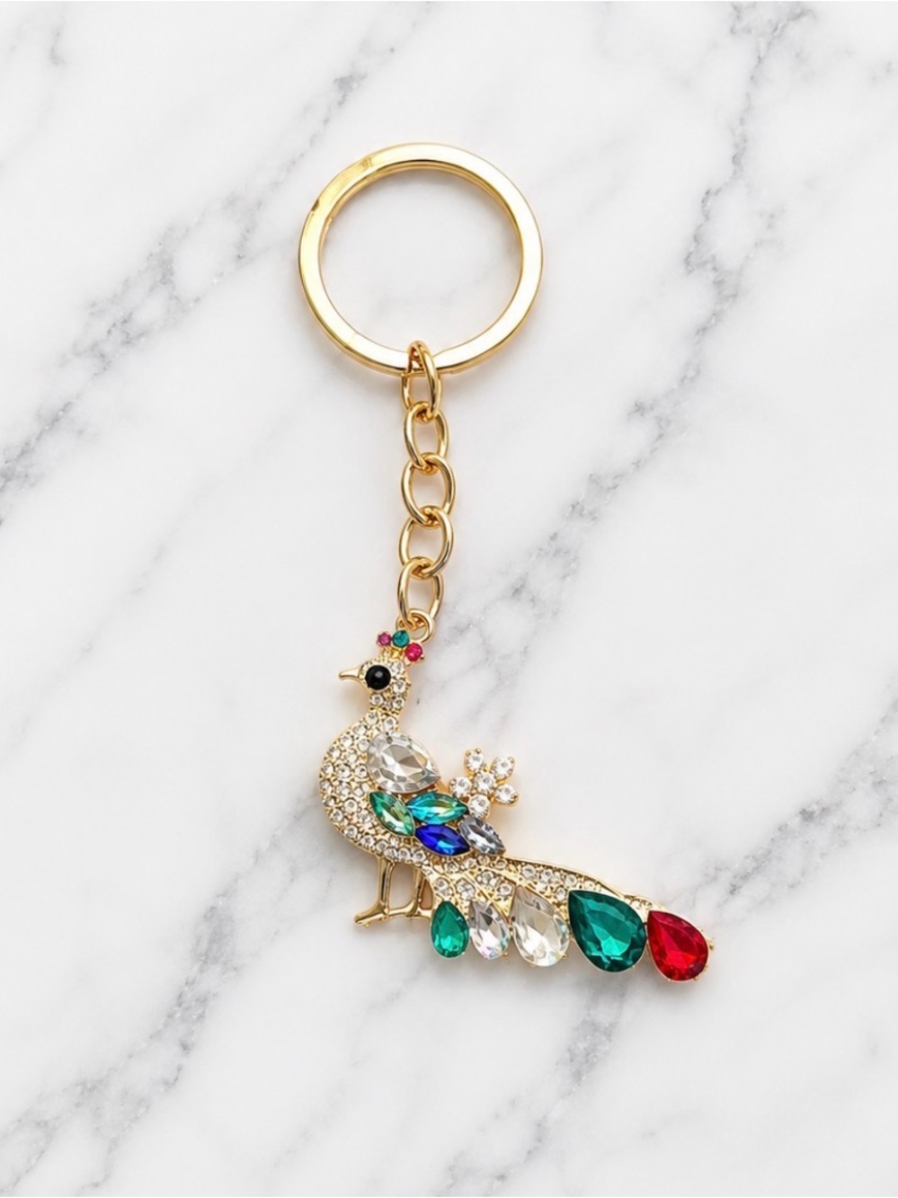 Peacock with Multi Colored Rhinestone Tail Keyring on Gold Hardware